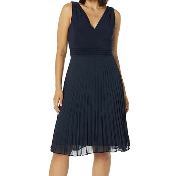 Adrianna Papell Blue Pleated Midi Dress V-Neck Sleeveless - Picture 1 of 12